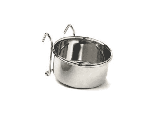 Rustfrit stål vand- eller madskål til gnavere, ideel til buropsætning med hængsler for nem fastgørelse. Perfekt til chinchillaer, hamstere og andre små kæledyr.