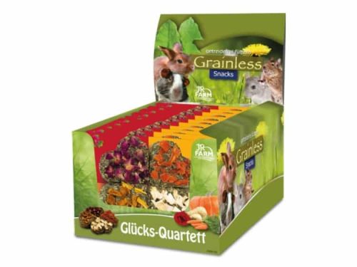 Grainless Snacks fra JR FARM, et varieret udvalg af godbidder til gnavere og mindre kæledyr, præsenteret i praktisk emballage med fire slags. Ideelt som en sund snackmulighed for dit kæledyr.