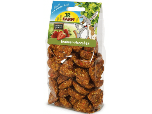 Sund godbid til gnavere fra JR FARM, nemlig Erdbeer-Herzen, der kommer i en praktisk pose. Disse hjertformede snacks er lavet med jordbær og er perfekte til at forkæle dine mindre kæledyr.