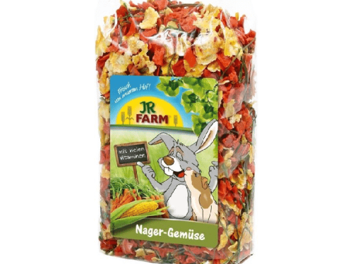 JR FARM gnaver grøntsager i en praktisk pakke med vitaminer, ideel til gnavere og små kæledyr. Perfekt til at supplementere deres kost med sunde og nærende ingredienser.