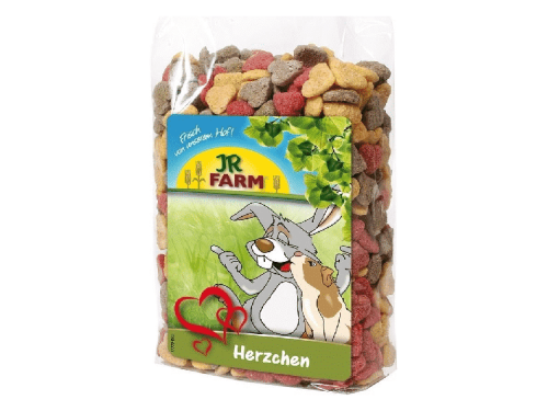 JR Farm Herzchen til gnavere, farverige kæledyrssnacks i hjertedesign. Ideelt til at forkæle kaniner og mindre kæledyr med en velsmagende og sund belønning.