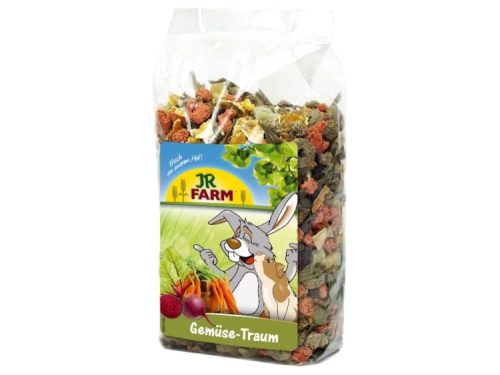 JR Farm Gemüse-Traum til gnavere, en sund blanding af tørrede grøntsager, ideel til marsvin, kaniner og andre mindre kæledyr. Pakken indeholder nærende ingredienser til en afbalanceret kost og stimulerer naturlig tyggeadfærd.
