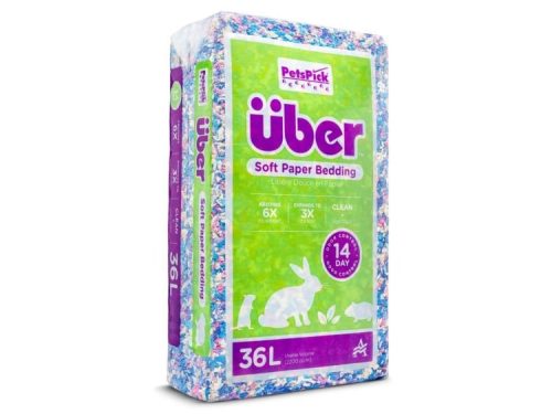 Blødt papirstrøelse fra PetsPick, 36L, ideelt til gnavere og mindre kæledyr. Absorberer 6 gange sin vægt og udvider sig til 3 gange sin størrelse. Holder rent i op til 14 dage.