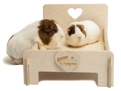 To gnavere sidder på en træbed med hjerteformet udsnit, designet af Bunny by Puppijames. Bedet tilbyder komfort til marsvin og mindre kæledyr.