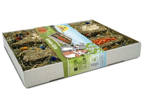 Gnavernes Univers foderkasse med forskellige tørrede urter og grøntsager, ideel til gnavere og mindre kæledyr. Produktet tilbyder en varieret kost og stimulerer dyrenes naturlige adfærd.