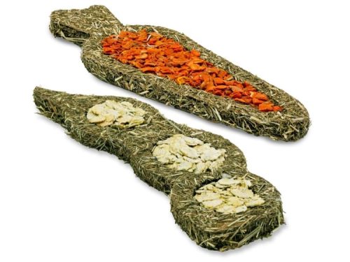 Høsnacks til gnavere formet som gulerødder, fyldt med tørrede grøntsager og korn. Ideel til små kæledyr som hamster og kanin for at fremme naturlig gnawing og sund kost.