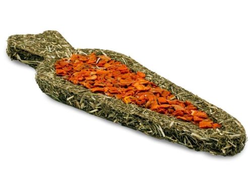 Gnaverlegetøj i form af en gulerod lavet af hø og tørrede grøntsager, ideelt til gnavere og små kæledyr for at stimulere deres naturlige gnaveinstinkter.