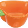 Farverig skål til gnavere i orange med grønne detaljer, ideel til mad eller vand. Perfekt til hamstere, mus eller andre mindre kæledyr.