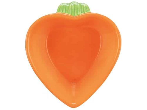Hjerteformet skål til gnavere i orange keramik med grønne detaljer, ideel til mad eller vand. Perfekt til mindre kæledyr som hamstere og mus.