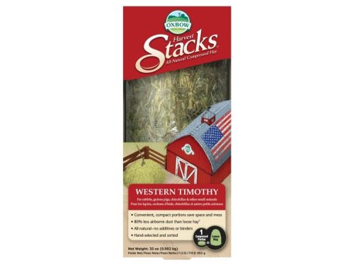 Oxbow Harvest Stacks Western Timothy hø, komprimeret og naturligt, ideelt til gnavere som kaniner og chinchillaer. Praktiske portioner, der reducerer spild og rod, uden tilsætningsstoffer. Velegnet til små kæledyr.