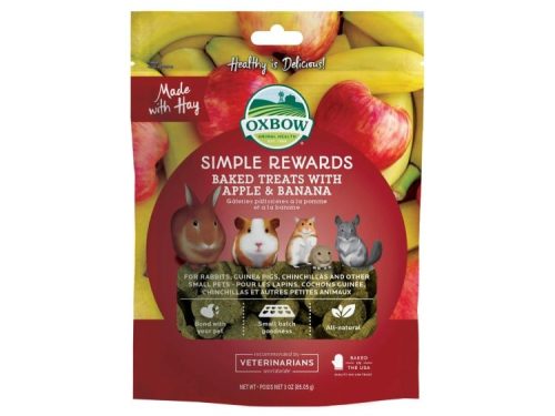 Oxbow Simple Rewards bagte godbidder med æble og banan til gnavere og mindre kæledyr. Perfekt til kaniner, marsvin og chinchillaer. Naturlige ingredienser og anbefalet af dyrlæger.