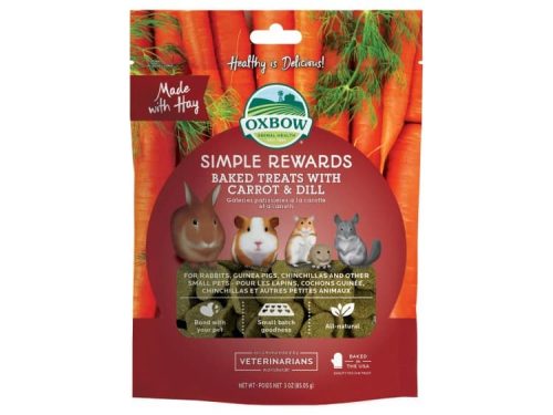 Bagt godbidder med gulerod og dild fra Oxbow, designet til kaniner, marsvin, chinchillaer og andre små kæledyr. Sund og naturlig snack, der fremmer båndet mellem kæledyr og ejer.