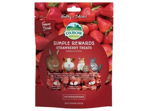 Oxbow Simple Rewards jordbærgodter til gnavere, herunder kaniner, marsvin og chinchillaer. Frysetørrede snacks med 100% frugt, uden tilsat sukker. Sund og naturlig belønning til små kæledyr.