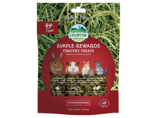 Oxbow Simple Rewards Timothy Treats til gnavere, herunder kaniner og marsvin. Sund snacks med højt fiberindhold, lavet af kvalitets timothy hø. Uden kunstige farver eller konserveringsmidler. Velegnet til at styrke båndet mellem dig og dit kæledyr.