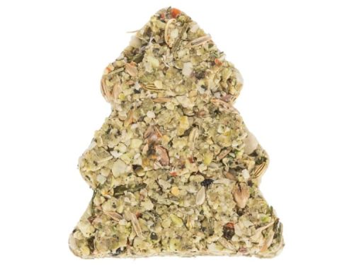 Sund og velsmagende godbid til gnavere formet som et juletræ, fyldt med naturlige ingredienser som frø, nødder og urter, ideel til mindre kæledyr.