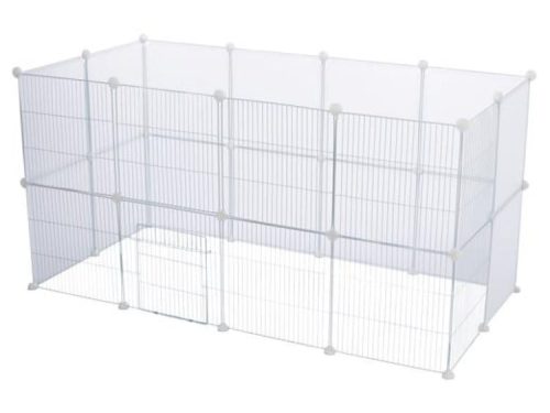 Gnaverbur i gennemsigtig plastik med metalstænger, ideel til gnavere som dværghamstere og marsvin. Robust konstruktion, der sikrer sikkerhed og plads til leg.