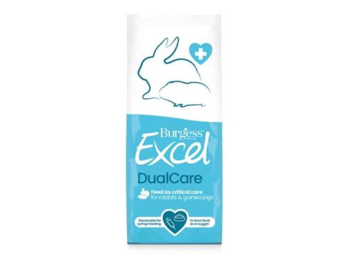 Burgess Excel DualCare foder til kaniner og marsvin, designet til kritisk pleje og ernæring. Kan opløses til sprøjtefodring eller gives som nuggets i skål.