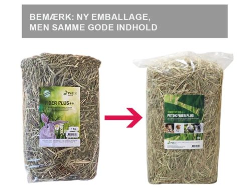 Pet DK Fiber Plus hø til gnavere, præsenteret i ny emballage. Produktet er ideelt til kaniner og mindre kæledyr, og tilbyder højt fiberindhold for optimal fordøjelse.