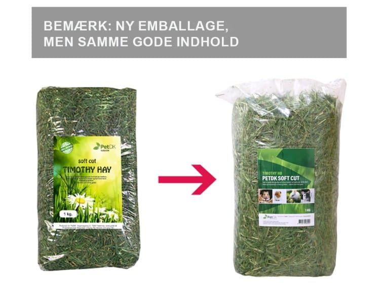 Timothy hø fra PetDK i ny emballage, der viser en 1 kg pakke med blødt skåret hø til gnavere og mindre kæledyr.