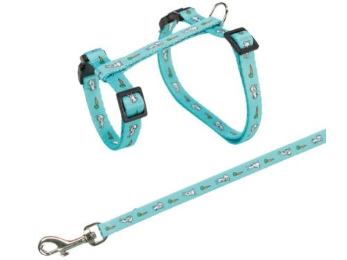 Blå sele og snor til gnavere med søde kaninmotiver, ideel til små kæledyr som hamstere og marsvin. Robust design med justerbare stropper for optimal pasform.