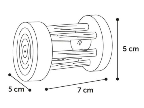 Gnaver legetøj i træ med dimensionerne 7 cm i længden og 5 cm i diameter, ideelt til at stimulere mindre kæledyr som hamstere og mus. Perfekt til at fremme leg og aktivitet i bur.