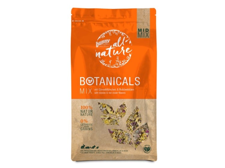 Bunny all nature Botanicals Mix til gnavere, med en blanding af græsblomster og kløverblomster. 100% naturlig sammensætning uden korn, ideel til mindre kæledyr som kaniner og marsvin.