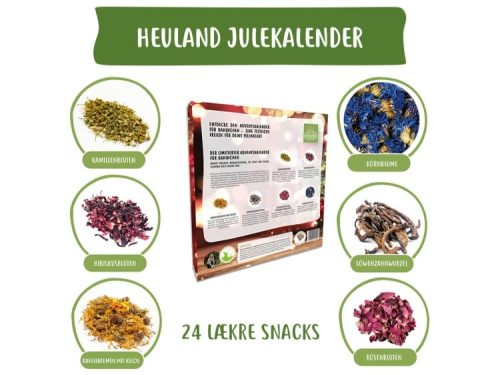 Heuland julekalender til gnavere med 24 lækre snacks, herunder kamilleblüten, hibiskusblüten, ringelblumen, kornblume, løwenzanwurzel og rosenblüten. Ideel til at forkæle dit kæledyr i julemåneden.