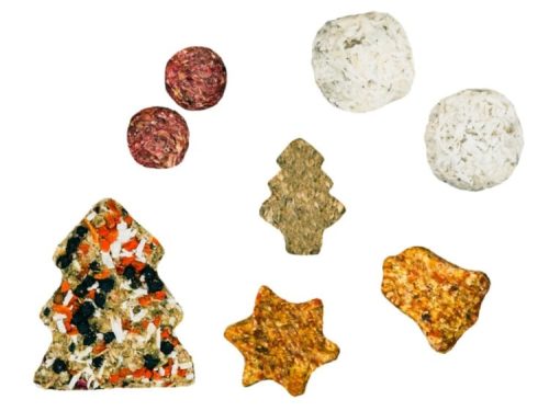 Farverige snacks til gnavere i forskellige former, herunder juletræ, stjerne og kugler. Ideelle til små kæledyr som hamstere og mus.