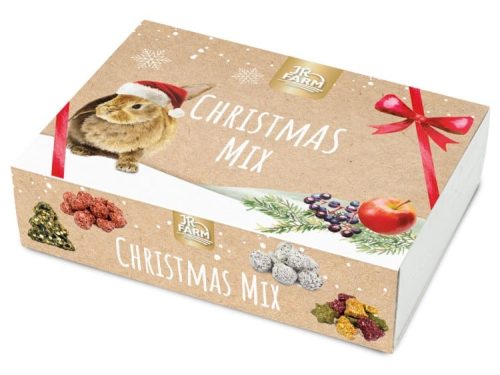 Julemix fra JR FARM til gnavere, prydet med et sødt kaninmotiv og dekorationer, perfekt som en festlig godbid til mindre kæledyr.