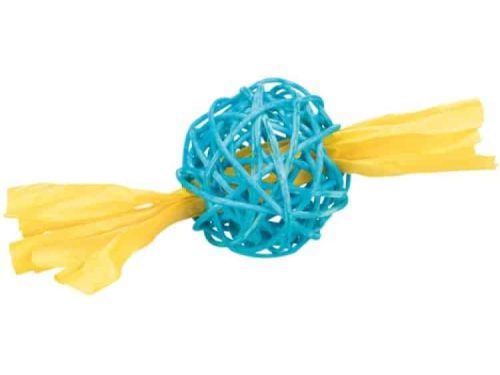 Farverig legetøj til gnavere, ideelt til at stimulere leg og aktivitet. Den blå kugle med gule bånd er fremstillet af sikre materialer, perfekt til små kæledyr som hamster og marsvin.