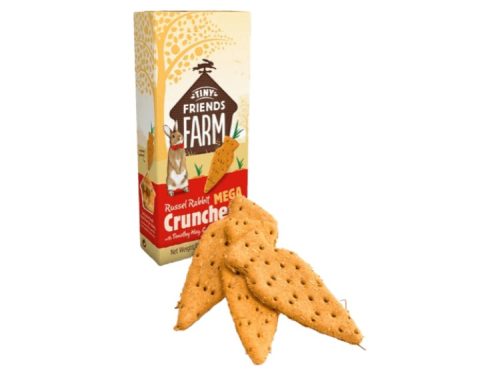 Tiny Friends Farm Russel Rabbit Mega Crunchies til gnavere og mindre kæledyr, præsenteret i en pæn emballage med naturlige godbidder.