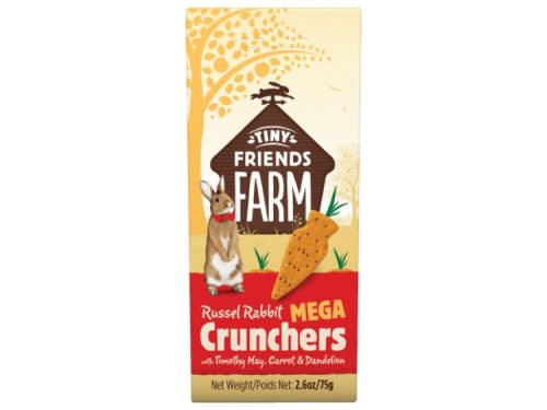 Russel Rabbit Mega Crunchers fra Tiny Friends Farm, en lækker snack til kaniner med timothy græs, gulerod og mælkebøtte. Velegnet til gnavere og mindre kæledyr. 75 g pakket for friskhed.