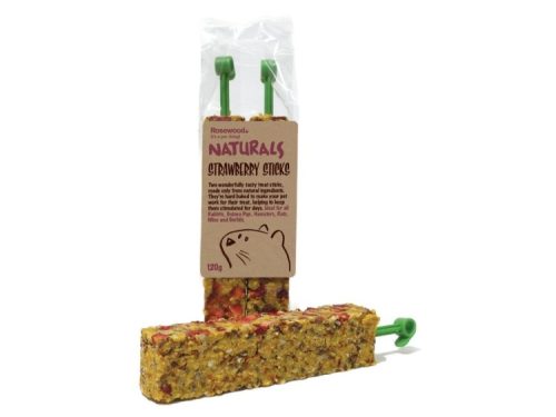 Rosewood Naturals Strawberry Sticks til gnavere, 120g. Tasty treat sticks lavet af naturlige ingredienser, ideelle til hamstere, marsvin, rotter og mus. Stimulerer naturlig gnaveadfærd og tilbyder en sund snack.