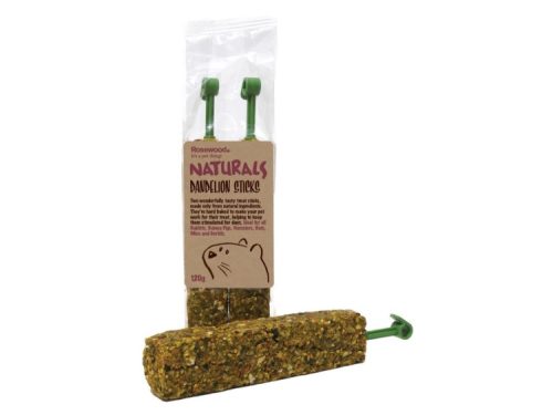 Rosewood Naturals dandelion sticks til gnavere, 120g. Sund og velsmagende godbid til hamstere, mus og andre små kæledyr, der stimulerer naturlig tyggeadfærd.