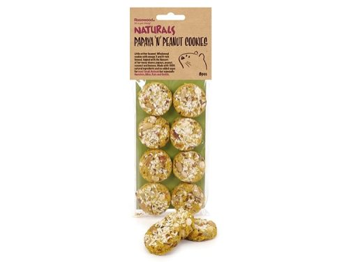 Papaya og peanut cookies fra Rosewood, velegnet som sund snack til gnavere og mindre kæledyr. Pakken indeholder 8 små kager, der er lavet med naturlige ingredienser.