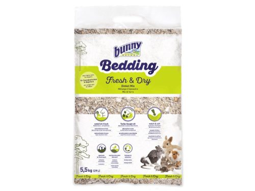 Bunny Bedding Fresh & Dry Dinkel Mix til gnavere, 5,5 kg. Ideel til at skabe et komfortabelt og rent miljø for små kæledyr med naturlige materialer, der sikrer friskhed og blødhed.