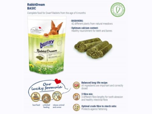 Bunny RabbitDream BASIC, fuldfoder til dværgkaniner fra 6 måneder, indeholder 42 forskellige planter fra naturlige enge. Optimeret calciumindhold for sundhed i tænder og knogler. Balanceret opskrift for langvarig ernæring og sund fordøjelse.