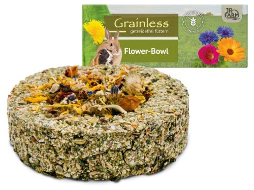 Grainless Flower-Bowl fra JR FARM, en sund og velsmagende foderblanding til gnavere, fremstillet uden korn og beriget med tørrede blomster og urter. Ideel til kaniner og andre mindre kæledyr.