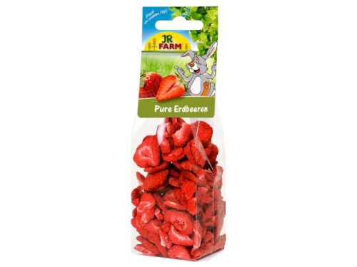 Tørrede jordbær fra JR Farm i genlukkelig emballage, perfekt som lækker snacks til gnavere og mindre kæledyr. Ideel til at tilføje variation i kosten.