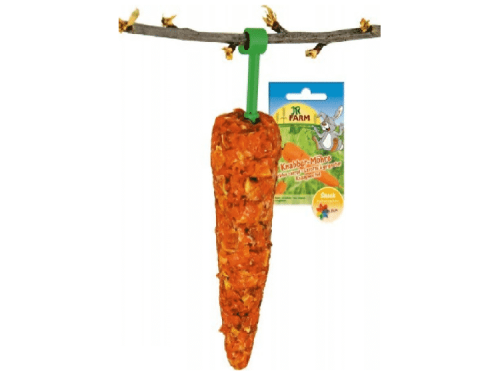 Knasende gulerodssnack til gnavere fra JR Farm, ideel til forkælelse og aktivering af små kæledyr. Produktet er nemt at hænge op og tilbyder en sund og velsmagende snack, der underholder og stimulerer tyggebehovet hos gnavere.