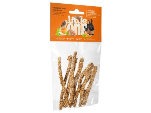 Små lækre grene til gnavere fra Little One med smag af pastinak og græskar. Perfekte som sund snacks til kaniner og marsvin, der fremmer naturlig nibblerverden.