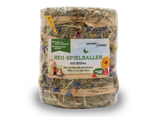 Heu-spilballer med blomster fra Naturhof Schröder, ideelt til gnavere og mindre kæledyr. Giver underholdning og naturlig aktivitet, lavet af kvalitetsmaterialer.