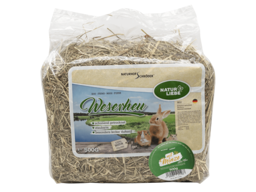 Weserheu fra Naturhof Schröder, 500g pakke, perfekt til gnavere og mindre kæledyr. Skånsomt tørret og støvfrit, med en dejlig duft, ideelt til at forbedre dyrenes velvære. 100% naturligt produkt.