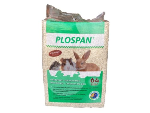 Plospan træspåner til gnavere og mindre kæledyr, 64 liter. Ideel til skånsom og hygiejnisk bunddækning i bure, perfekt til kaniner, marsvin og hamstere. Premium kvalitet for optimal komfort.