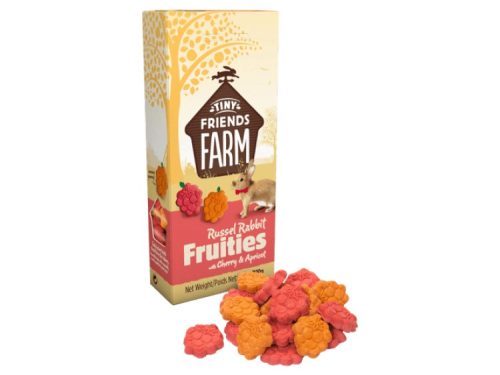 Russel Rabbit Fruities fra Tiny Friends Farm med smag af kirsebær og abrikos, velegnede snacks til gnavere. Pakken indeholder farverige snacks formet som frugter, perfekte til at forkæle dit kæledyr.