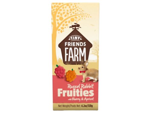 Russel Rabbit Fruities med kirsebær og abrikos fra Tiny Friends Farm, velsmagende snack til gnavere og mindre kæledyr, vejer 120g. Perfekt til forkælelse af din lille ven.