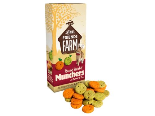 Russel Rabbit Munchers fra Tiny Friends Farm med gulerod ogærter, i en farverig pakke. Optimal snacks til gnavere, især kaniner, som sørger for tilfredsstillende og sundt snacking.