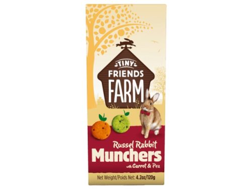 Russel Rabbit Munchers fra Tiny Friends Farm med gulerod og ærter, velegnet snack til kaniner og små gnavere, indpakket i praktisk 120 g pakke.