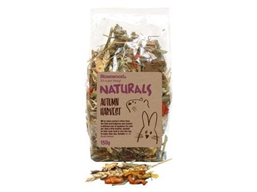 Naturlig høblanding fra Rosewood, kaldet "Naturals Autumn Harvest", velegnet til gnavere og små kæledyr. Pakken indeholder 150 g tørrede urter og grøntsager, der giver en sund og velsmagende snack.
