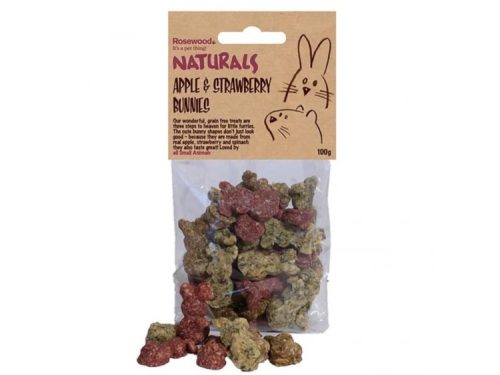Naturlige godbidder til smådyr fra Rosewood, bestående af æble- og jordbærformede snacks. Uden korn og velegnede til alle små kæledyr. Pakken indeholder 100 g.